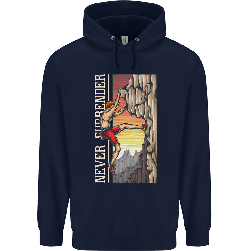 Never Surrender Rock Climbing Climber Mens 80% Cotton Hoodie Navy Blue