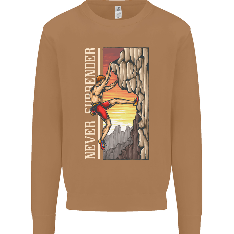 Never Surrender Rock Climbing Climber Mens Sweatshirt Jumper Caramel Latte