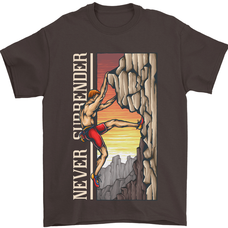 Never Surrender Rock Climbing Climber Mens T-Shirt Cotton Gildan Dark Chocolate