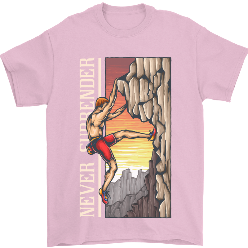 Never Surrender Rock Climbing Climber Mens T-Shirt Cotton Gildan Light Pink