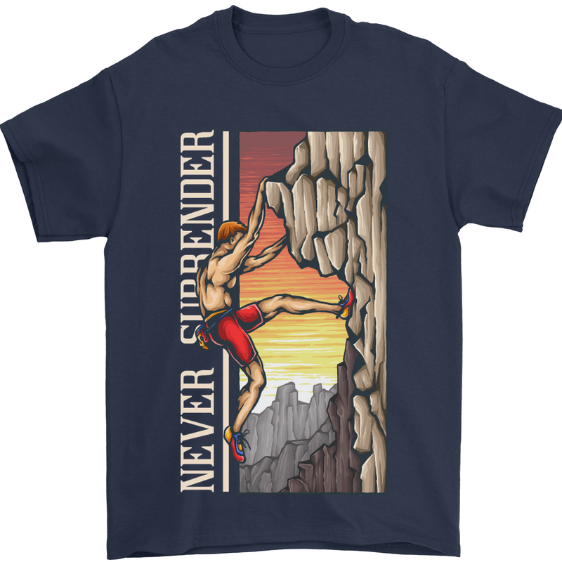 Never Surrender Rock Climbing Climber Mens T-Shirt Cotton Gildan Navy Blue