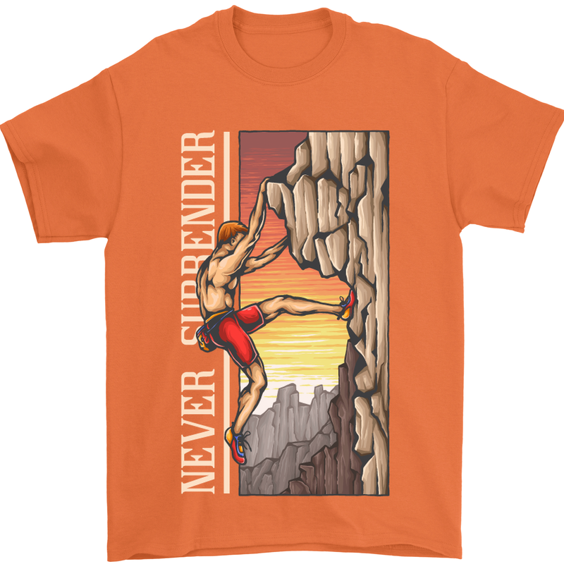 Never Surrender Rock Climbing Climber Mens T-Shirt Cotton Gildan Orange