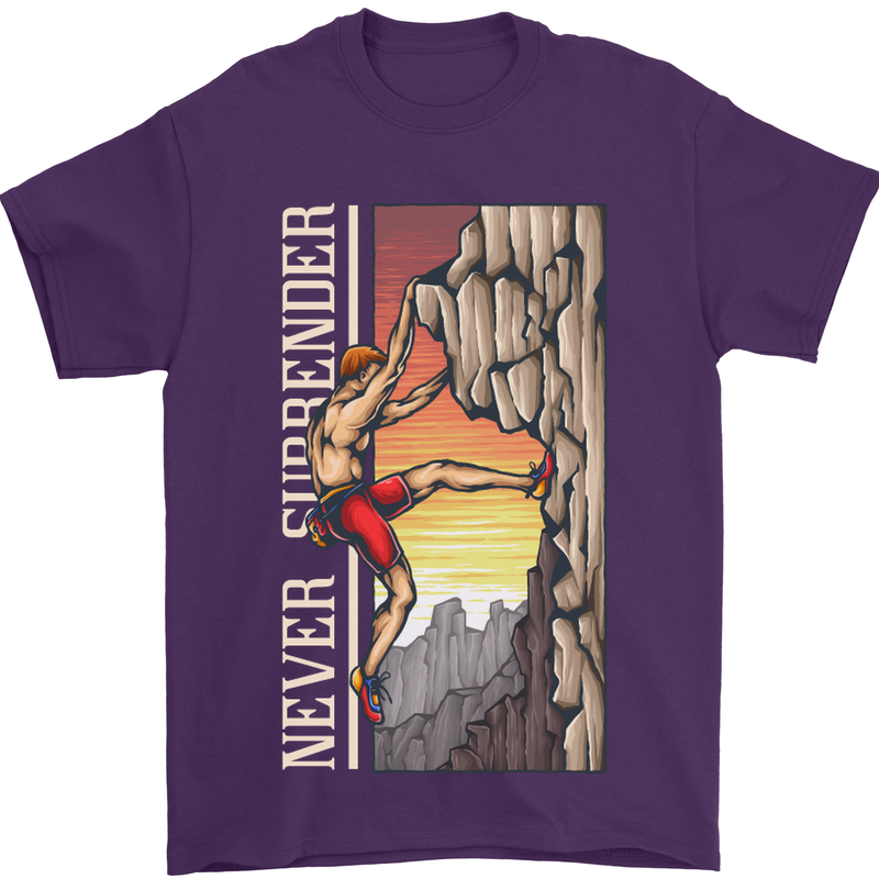 Never Surrender Rock Climbing Climber Mens T-Shirt Cotton Gildan Purple
