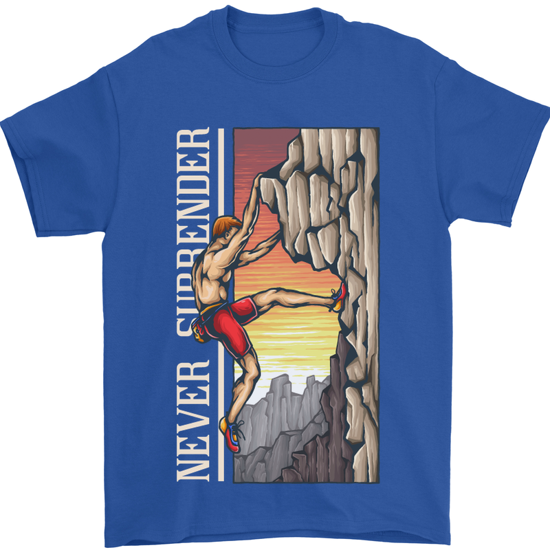 Never Surrender Rock Climbing Climber Mens T-Shirt Cotton Gildan Royal Blue