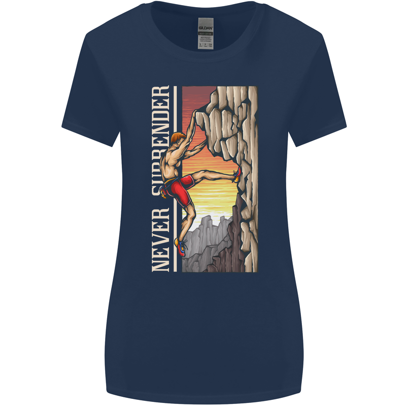 Never Surrender Rock Climbing Climber Womens Wider Cut T-Shirt Navy Blue