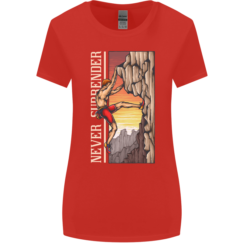 Never Surrender Rock Climbing Climber Womens Wider Cut T-Shirt Red