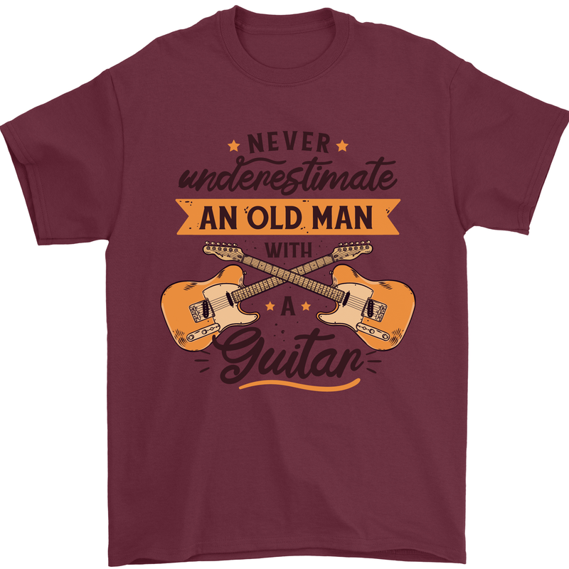 Never Underestimate an Old Man Guitar Mens T-Shirt 100% Cotton Maroon