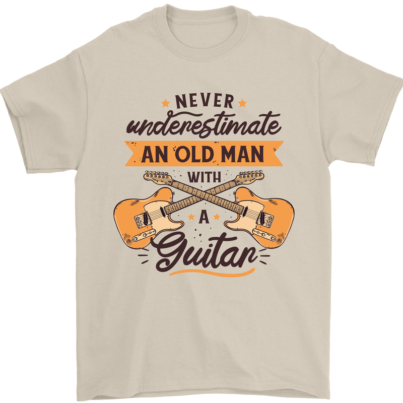 Never Underestimate an Old Man Guitar Mens T-Shirt 100% Cotton Sand