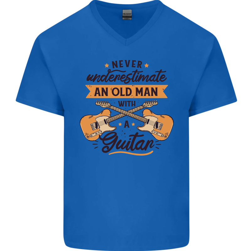 Never Underestimate an Old Man Guitar Mens V-Neck Cotton T-Shirt Royal Blue