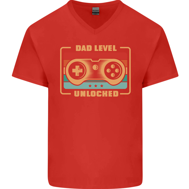 New Dad Father Gaming Gamer Baby Mens V-Neck Cotton T-Shirt Red