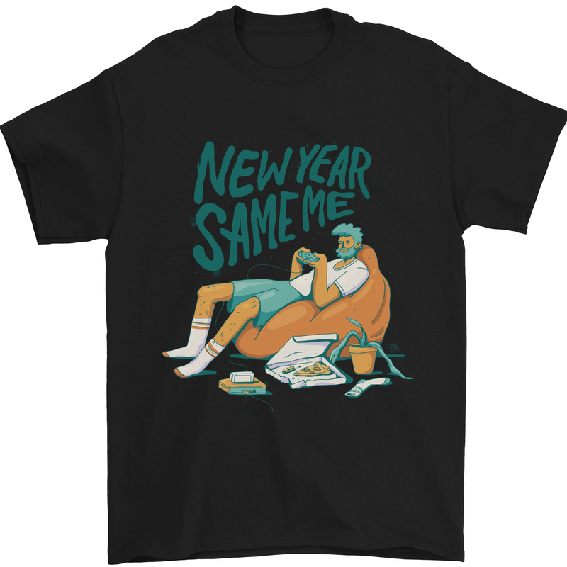 New Year Same Me Resolution Gaming Lazy Mens T-Shirt Cotton Gildan Black