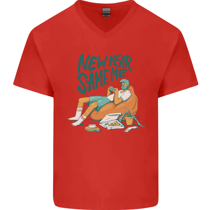 New Year Same Me Resolution Gaming Lazy Mens V-Neck Cotton T-Shirt Red