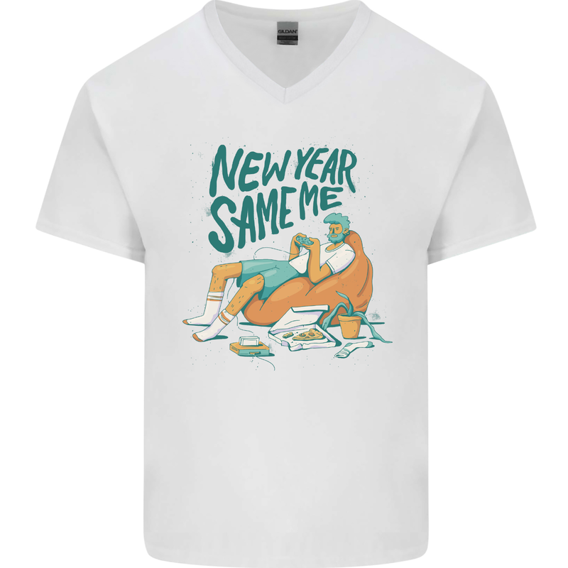 New Year Same Me Resolution Gaming Lazy Mens V-Neck Cotton T-Shirt White