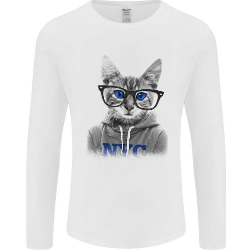 New York City Cat With Glasses Mens Long Sleeve T-Shirt White