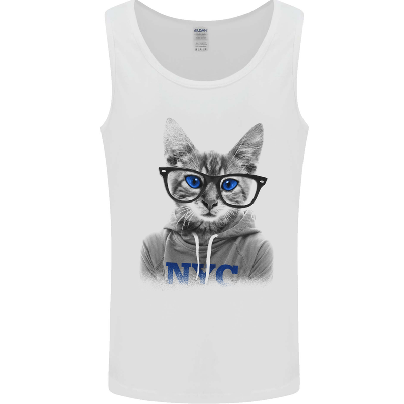 New York City Cat With Glasses Mens Vest Tank Top White