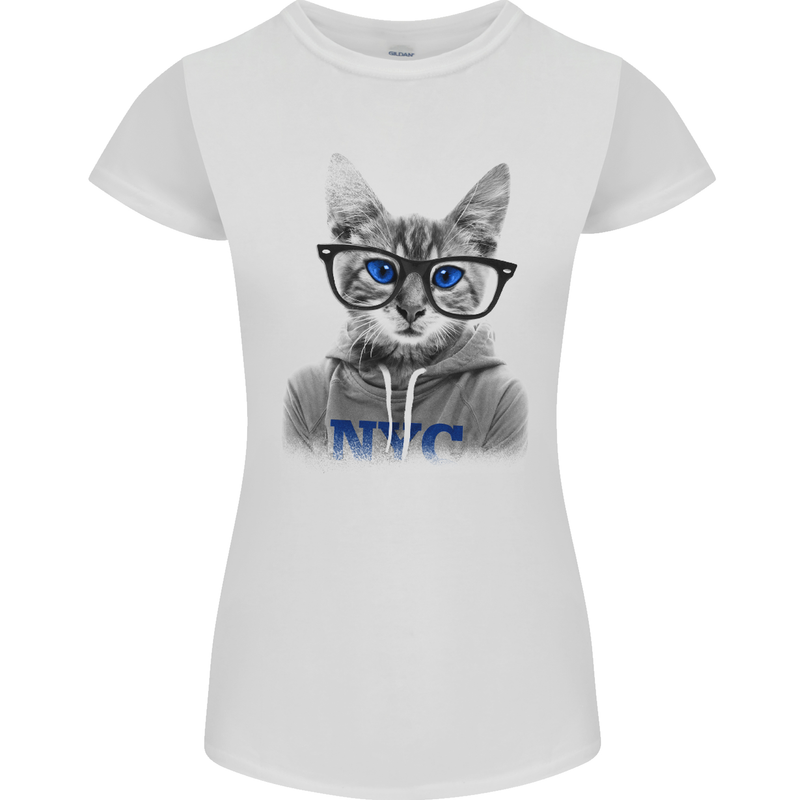 New York City Cat With Glasses Womens Petite Cut T-Shirt White