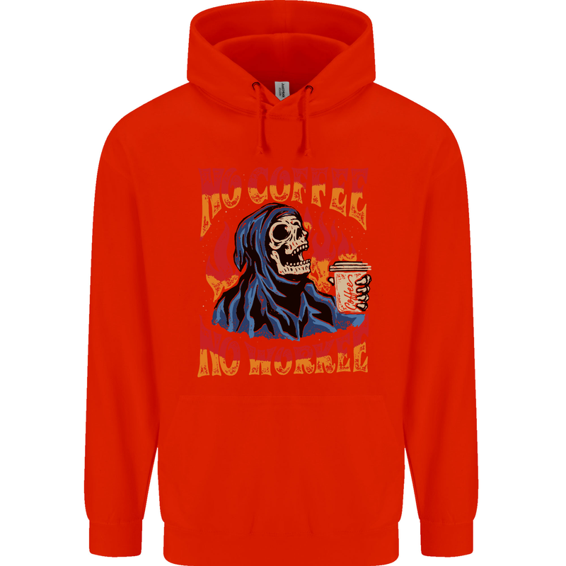No Coffee No Work Funny Skull Grim Reaper Childrens Kids Hoodie Bright Red