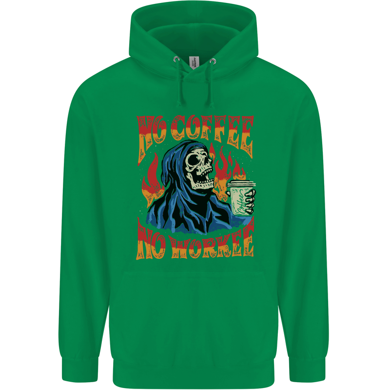 No Coffee No Work Funny Skull Grim Reaper Childrens Kids Hoodie Irish Green
