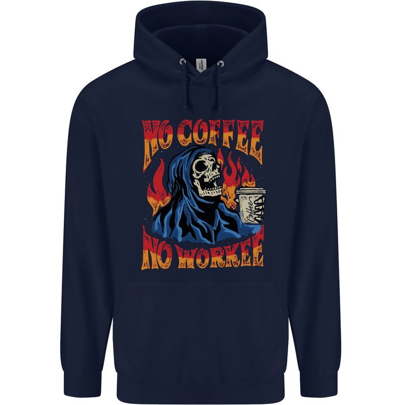 No Coffee No Work Funny Skull Grim Reaper Childrens Kids Hoodie Navy Blue