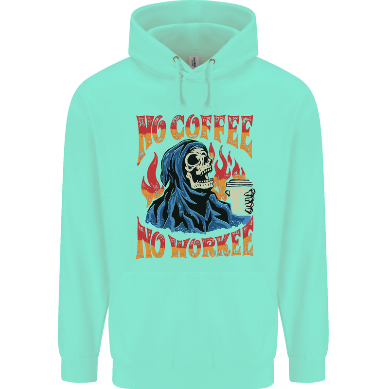 No Coffee No Work Funny Skull Grim Reaper Childrens Kids Hoodie Peppermint