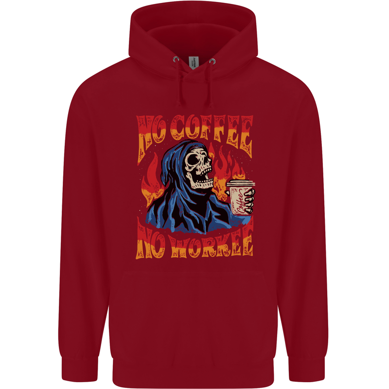 No Coffee No Work Funny Skull Grim Reaper Childrens Kids Hoodie Red
