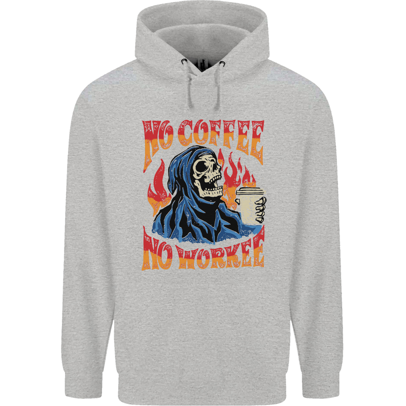 No Coffee No Work Funny Skull Grim Reaper Childrens Kids Hoodie Sports Grey
