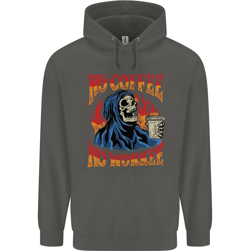 No Coffee No Work Funny Skull Grim Reaper Childrens Kids Hoodie Storm Grey