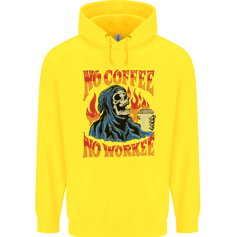 No Coffee No Work Funny Skull Grim Reaper Childrens Kids Hoodie Yellow