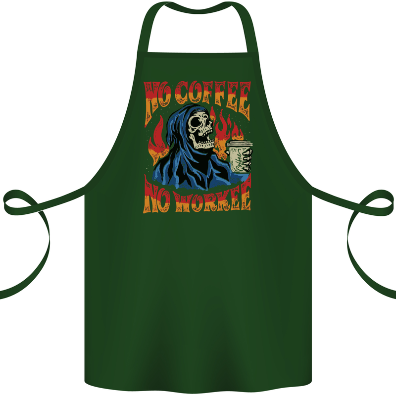 No Coffee No Work Funny Skull Grim Reaper Cotton Apron 100% Organic Forest Green