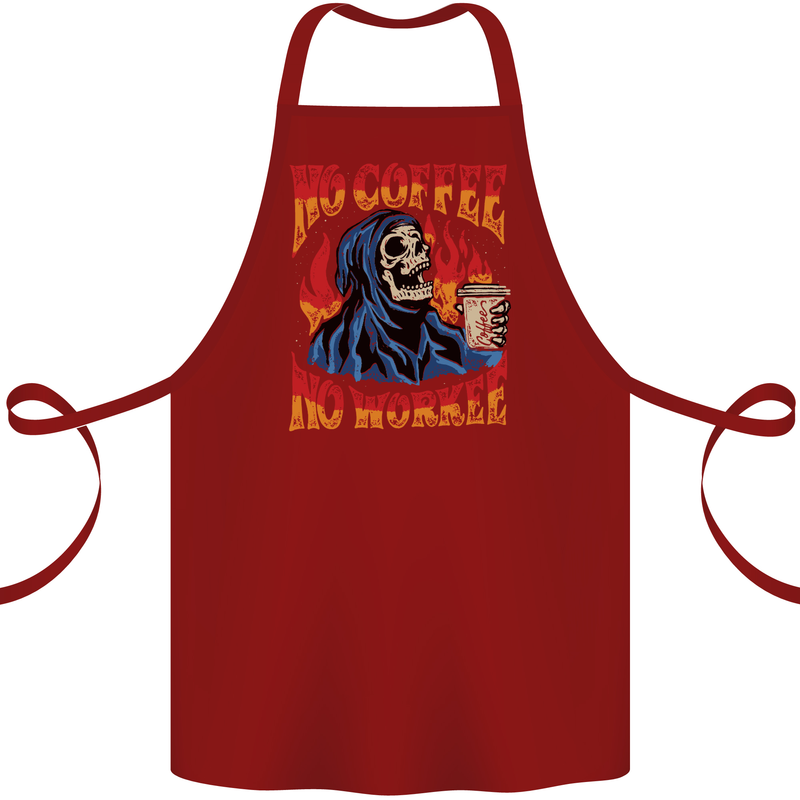No Coffee No Work Funny Skull Grim Reaper Cotton Apron 100% Organic Maroon