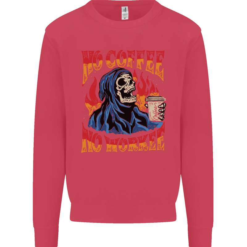 No Coffee No Work Funny Skull Grim Reaper Kids Sweatshirt Jumper Heliconia