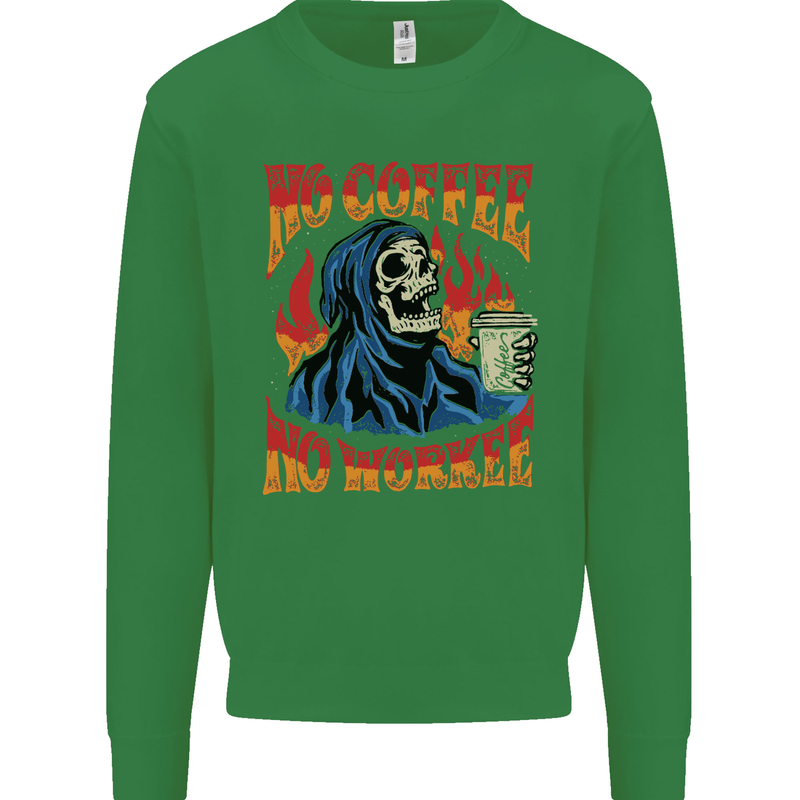 No Coffee No Work Funny Skull Grim Reaper Kids Sweatshirt Jumper Irish Green