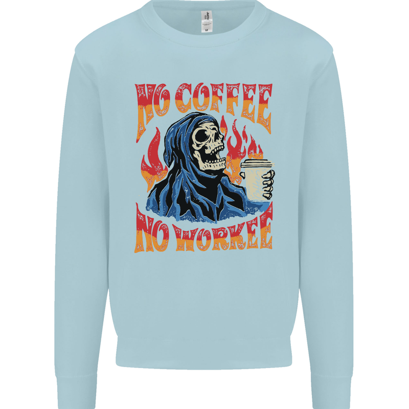 No Coffee No Work Funny Skull Grim Reaper Kids Sweatshirt Jumper Light Blue