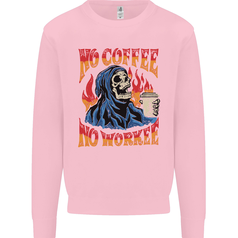 No Coffee No Work Funny Skull Grim Reaper Kids Sweatshirt Jumper Light Pink