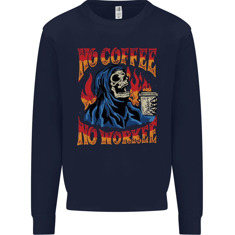 No Coffee No Work Funny Skull Grim Reaper Kids Sweatshirt Jumper Navy Blue