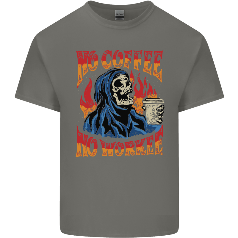 No Coffee No Work Funny Skull Grim Reaper Kids T-Shirt Childrens Charcoal