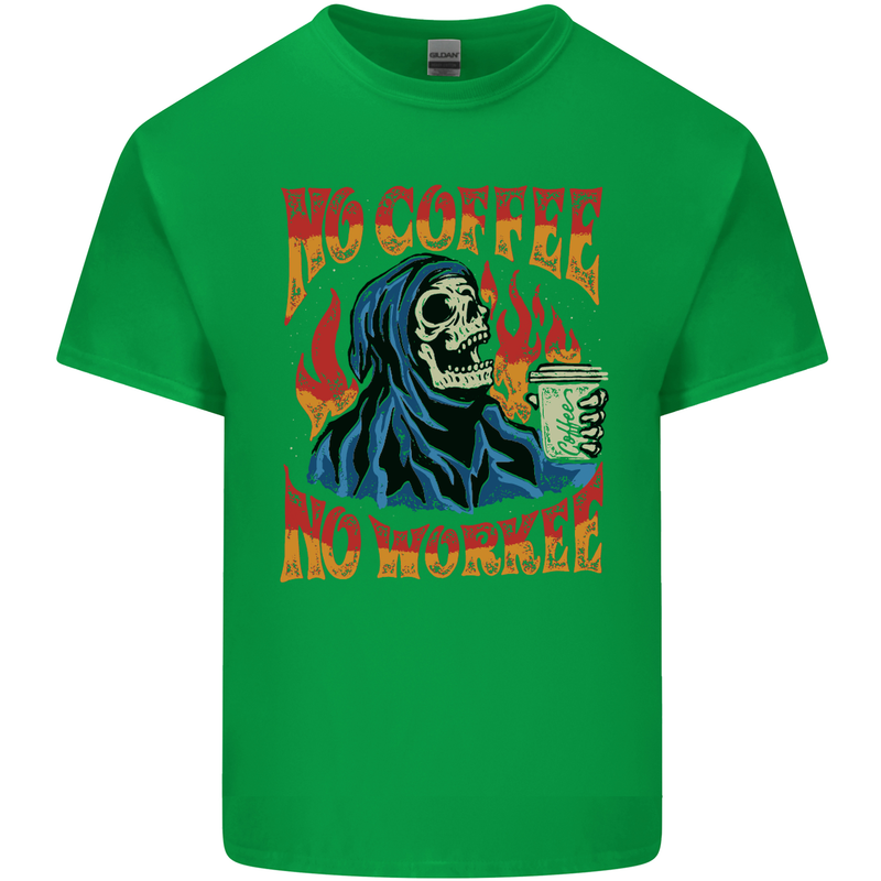 No Coffee No Work Funny Skull Grim Reaper Kids T-Shirt Childrens Irish Green