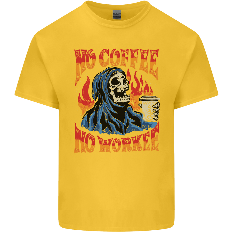 No Coffee No Work Funny Skull Grim Reaper Kids T-Shirt Childrens Yellow