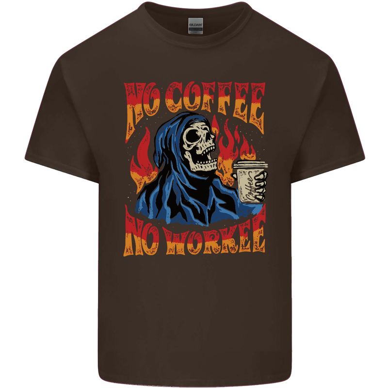 No Coffee No Work Funny Skull Grim Reaper Mens Cotton T-Shirt Tee Top Dark Chocolate