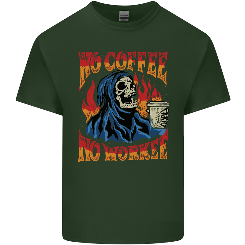 No Coffee No Work Funny Skull Grim Reaper Mens Cotton T-Shirt Tee Top Forest Green