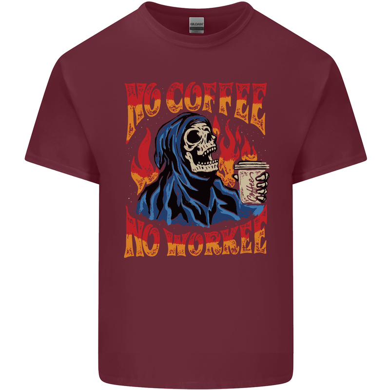 No Coffee No Work Funny Skull Grim Reaper Mens Cotton T-Shirt Tee Top Maroon