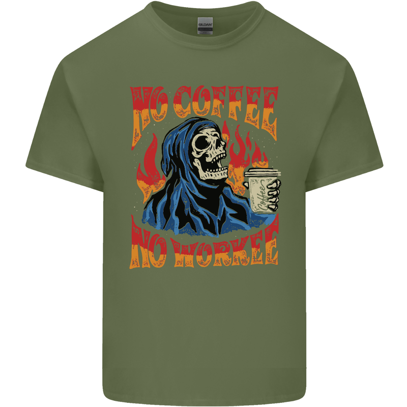 No Coffee No Work Funny Skull Grim Reaper Mens Cotton T-Shirt Tee Top Military Green