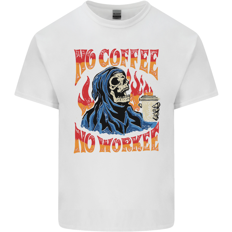 No Coffee No Work Funny Skull Grim Reaper Mens Cotton T-Shirt Tee Top White