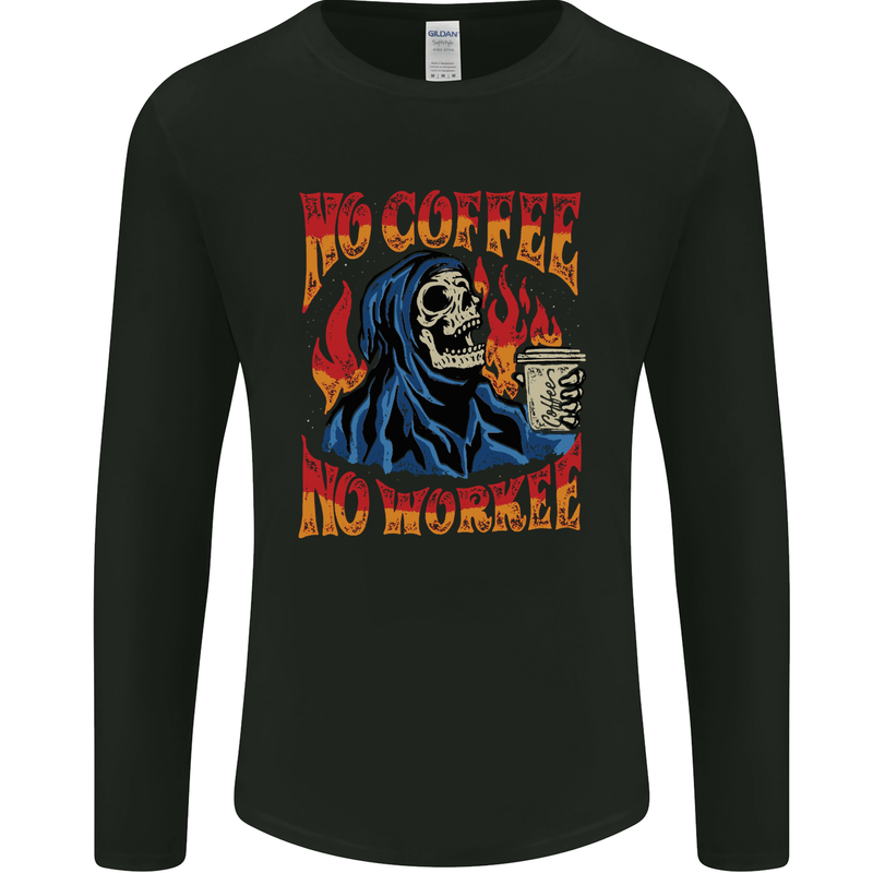 No Coffee No Work Funny Skull Grim Reaper Mens Long Sleeve T-Shirt Black