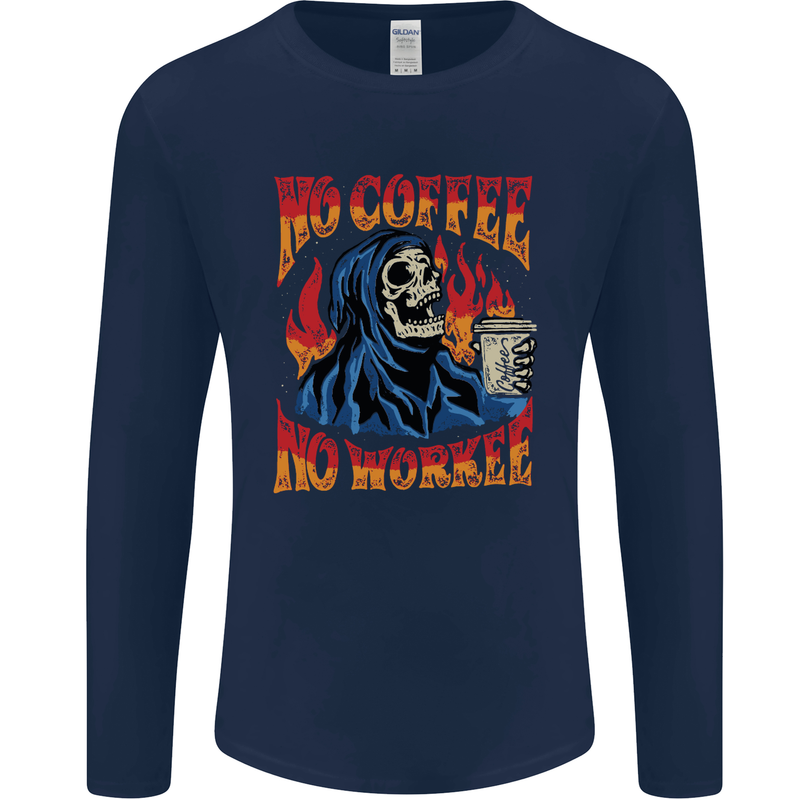 No Coffee No Work Funny Skull Grim Reaper Mens Long Sleeve T-Shirt Navy Blue