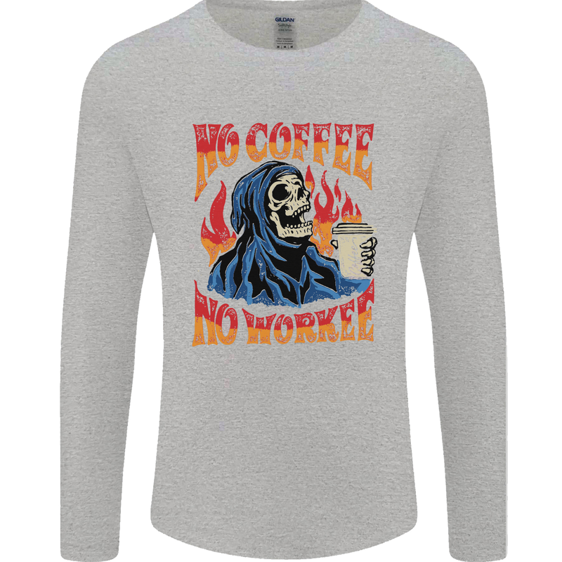 No Coffee No Work Funny Skull Grim Reaper Mens Long Sleeve T-Shirt Sports Grey