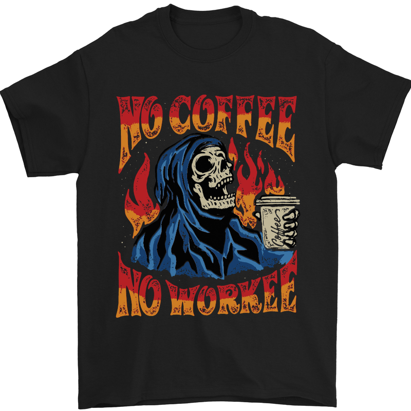 No Coffee No Work Funny Skull Grim Reaper Mens T-Shirt Cotton Gildan Black