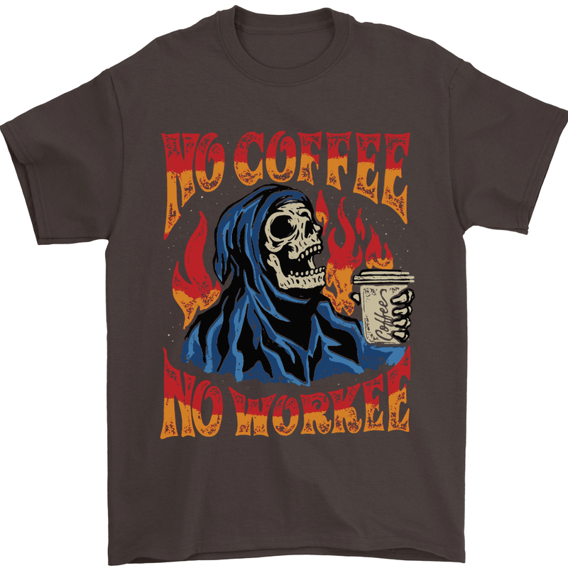 No Coffee No Work Funny Skull Grim Reaper Mens T-Shirt Cotton Gildan Dark Chocolate