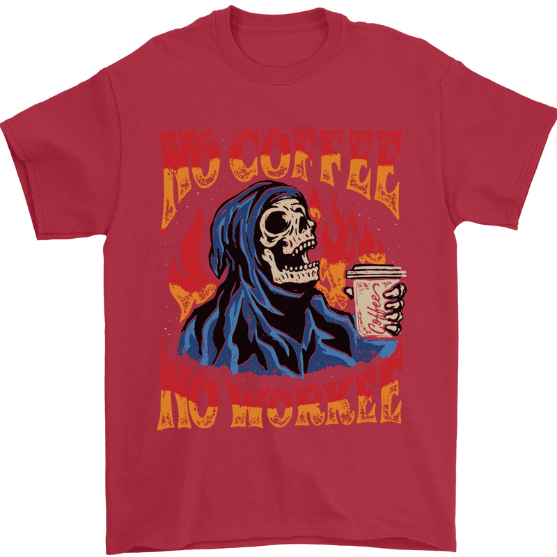 No Coffee No Work Funny Skull Grim Reaper Mens T-Shirt Cotton Gildan Red