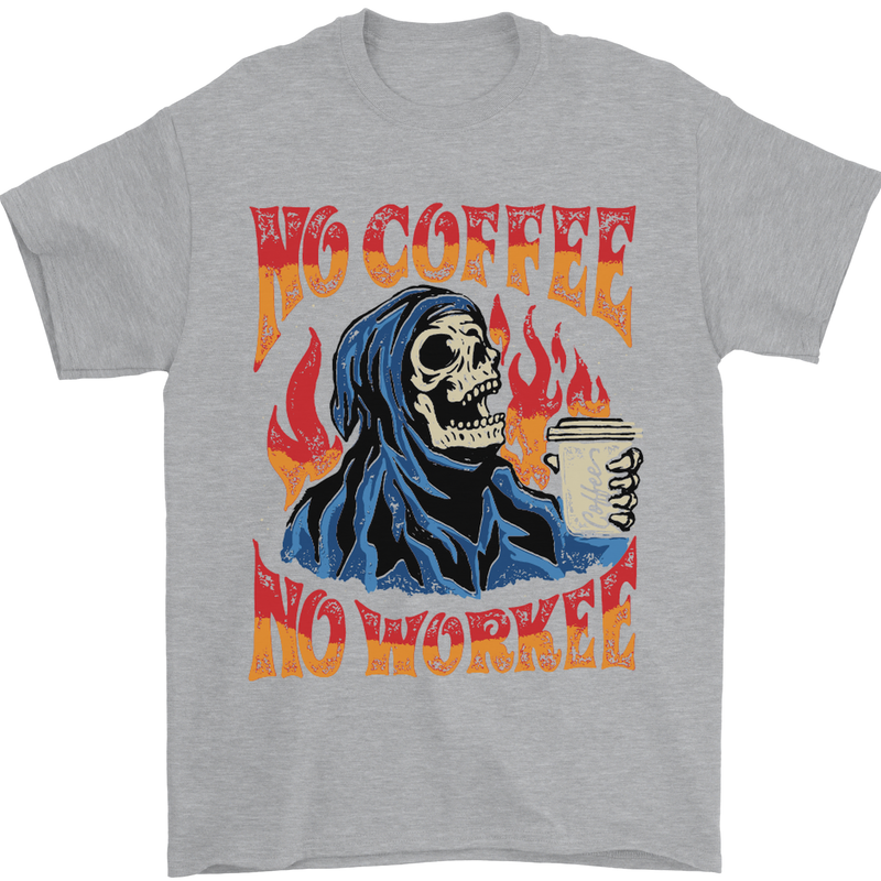 No Coffee No Work Funny Skull Grim Reaper Mens T-Shirt Cotton Gildan Sports Grey